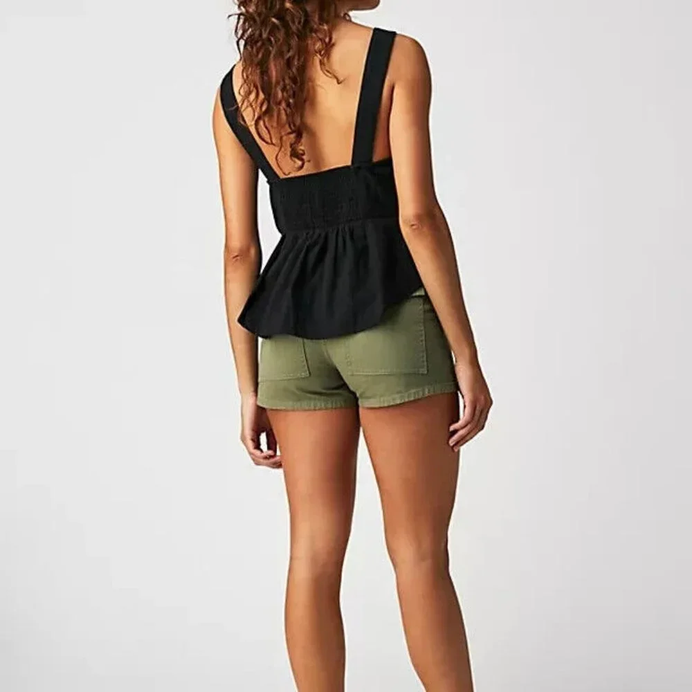 Free People Mika Solid Tank Ruffle Black Top New